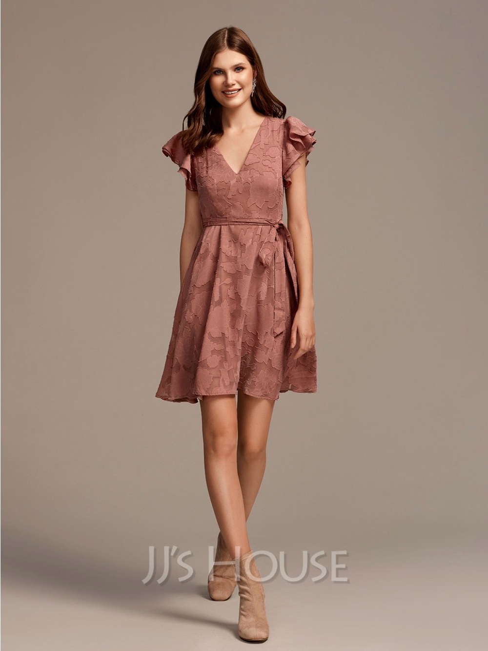 JJs House Rose Lace Ruffle V‑Neck Fit-and-Flare Dress